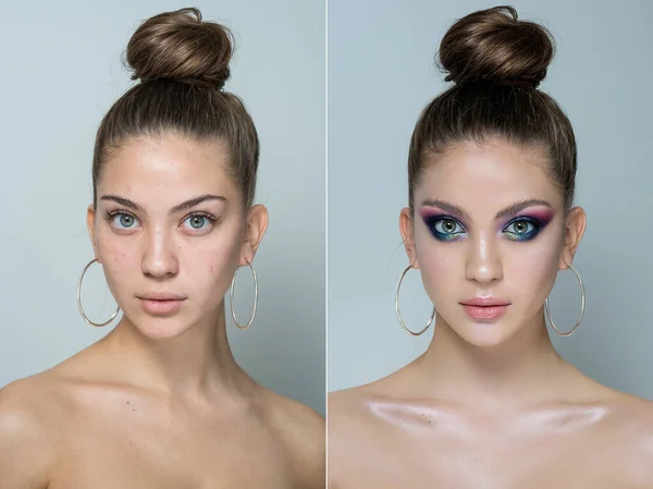Kolaj Kısa Arkaplanlı Bir Kızın Yakın Plan Portresi Makyajdan Önce — Stok fotoğraf