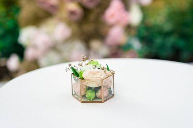 yumuşak odak yastığı gül goncası yüzükleri için cam kutuda düğün töreni için