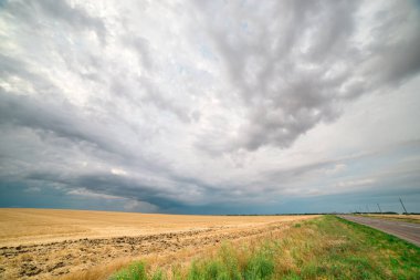Bir buğday tarlası üzerinde fırtına bulutları, uzaktan bir kasırga görülebilir..