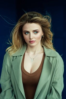 Masummuş gibi görünen çok seksi bir sarışın mavi bir duvarın arkasında kameraya poz veriyor. Vantilatör çerçevesindeki dağınık saçlar modelin güzel yüzü .