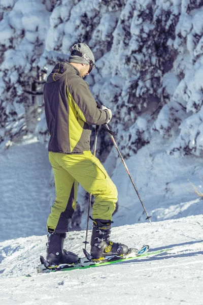 Esquiador pronto para deslizar pela encosta nevada — Fotografia de Stock