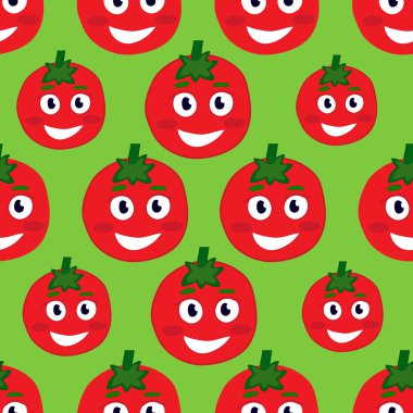Yeşil bir arka plan üzerinde domates karakter. Sorunsuz yinelenen desen dizi. Dekorasyon için vektör desen. Sağlıklı gıda ambalaj domates.