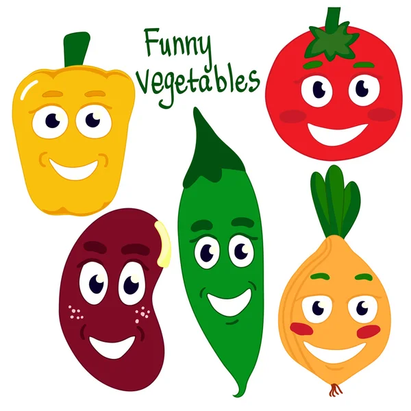 Grönsaker isolerad på vit bakgrund. Tomat, lök, bönor, bönor, ärter pod, gul paprika. Vektor illustration EPS-10 — Stock vektor