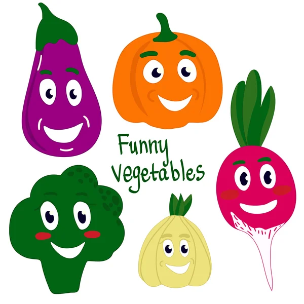 Ställ in grönsaker roliga karaktärer. Tecknad stil. Ansikte med ögon och leende. Färgbild isolerad på en vit bakgrund. Aubergine, broccoli, vitlök, pumpa, rädisa. Vektor illustration EPS-10 — Stock vektor