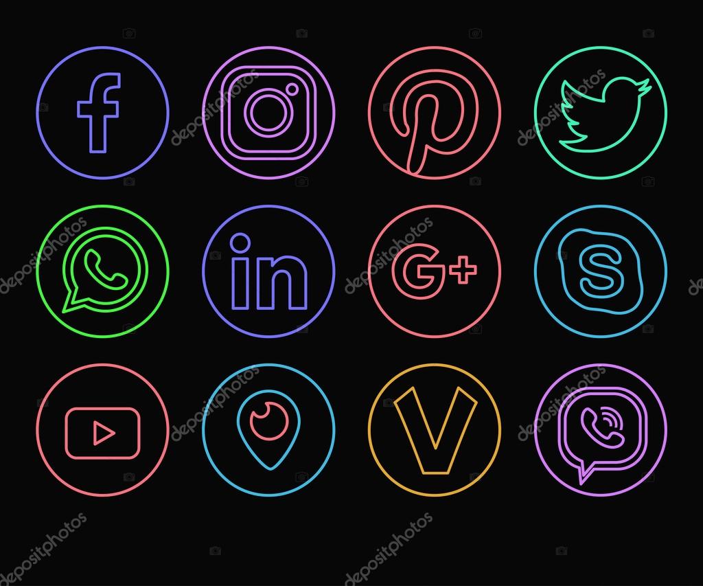 Internet Icons. Line art colored contour. Neon.