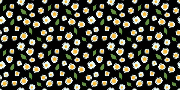 Fleurs de camomille avec motif feuille sans couture sur fond noir. Texture vectorielle avec de petites fleurs. Design de surface de mode. Bannière large. — Image vectorielle