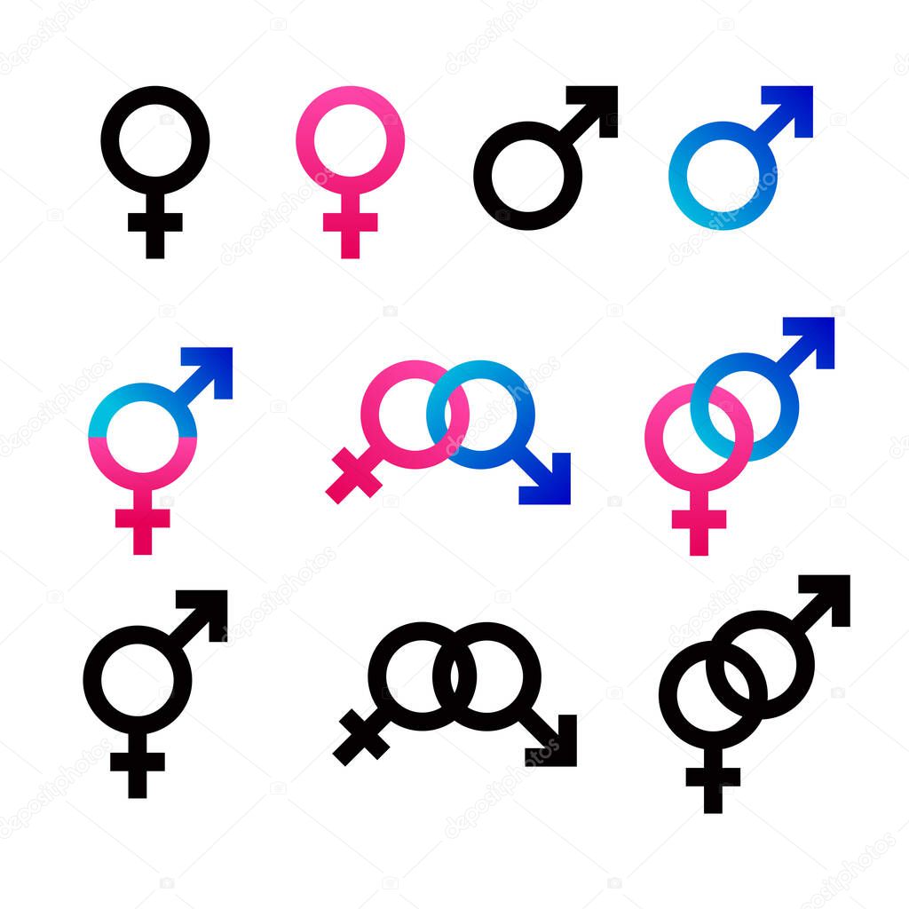 Vector Gender symbol set. Mars and Venus sign color blue and pink. Black heterosexual couple man and woman graphic icon isolated white.