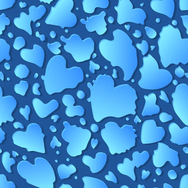 Water heart shape drops seamless pattern. Valentines day romantic weather. Rain splash on window glass hand drawn. Vector surface design on blue background — Stock Vector