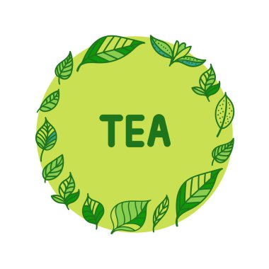 Yeşil çay yaprağı. Elle çizilmiş yuvarlak çerçeve beyaza izole edilmiş.