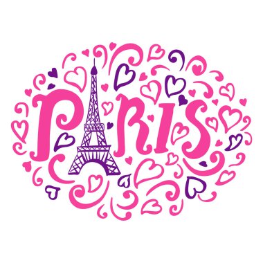 Eyfel Kulesi 'nde Paris harfleri, kalpler, el çizimi kıvrımlı eskiz. Pembe ve mor renk. Beyaz arka planda izole edilmiş kız moda tasarımı çizimi