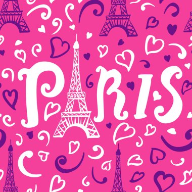 Kusursuz desen. Beyaz ve mor renkli resim Eyfel Kulesi. Parlak pembe arka planda izole edilmiş dekorasyonlar. Paris 'in el yazması yazması. Vektör yüzey kız moda tasarımı