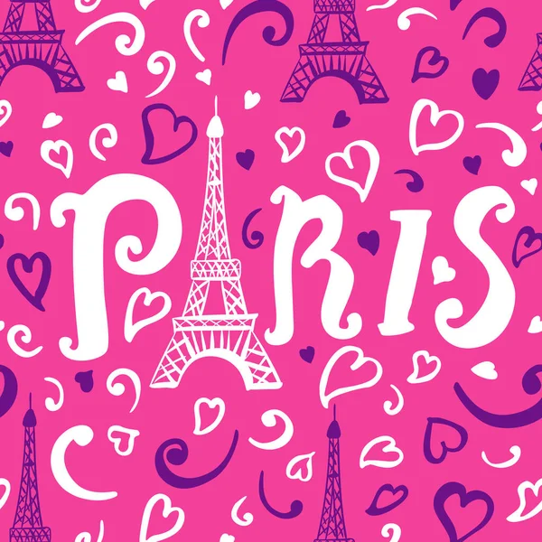 Patrón sin costuras. Ilustración tinta blanca y púrpura Torre Eiffel. Decoraciones aisladas sobre fondo rosa brillante. Inscripción manuscrita París. Diseño de moda femenina de superficie vectorial — Vector de stock