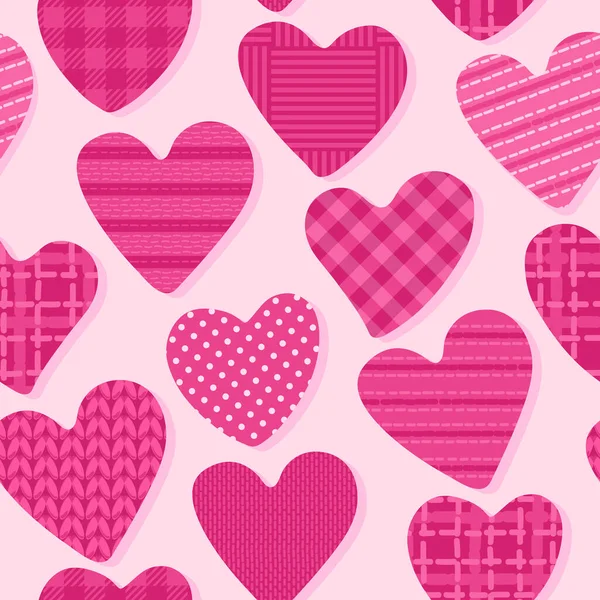 Amore modello senza soluzione di continuità con il cuore. Forma con quadretti, pois, texture a righe di colore brillante. Girly dolce disegno superficiale rosa tavolozza dei colori vettoriale illustrazione — Vettoriale Stock