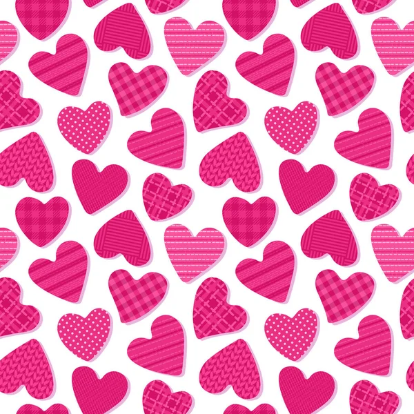 Cute Hearts with the texture of cells, polka dots, fabrics. Seamless Pattern Girly Abstract Surface Design. Pink colored vector shapes isolated on white background — Stock Vector