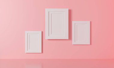 White frame 3d rendering. illustration Modern picture frame concept, Empty white border image frame space for your text on pink background, Mock-up poster frame on wall minimal. pastel pink color