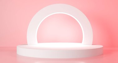 Modern minimal scene with geometrical circle. Cylinder podiums in soft pink background. Scene stand to show cosmetic product, Showcase, shopfront, display case. 3d rendering illustration.