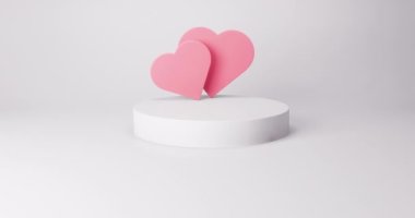 Sevgililer günü sahne podyumu pembe kalp ürünü 3D görüntüsü sunuyor. Premium modern podyum standı. 14 Şubat 'ta Sevgililer Günü için fotokopi çekilen bir tebrik kartı..