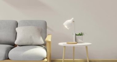 Kanepe, alçak masa, dekorasyon fabrikası ve japan stili tasarımı ile asgari iç tasarım odası masa lambasını 3D iç tasarım olarak ayarlayın. Modern oturma odası Japon tarzı 3D görüntüleme