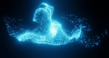 Soyut hareket arkaplanı parlayan mavi neon parçacıkları alanın derinliği. Yüzeyler fütüristik peyzaj siber uzay veya hologram olarak. Yeni yıl ve yılbaşı bilim kurgu geçmişi. 3d oluşturma