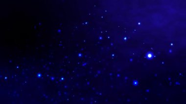 Mavi arka planda koyu renkli parlak toz parçacıkları yavaş çekimde. Dynamic 'in hareketli grafik animasyonu rüzgarda savruluyor. Soyut dijital siber ve teknoloji