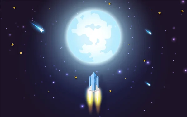 Cohete Volando Estrella Luna Llena Arte Papel Diseño Estilo Artesanal — Archivo Imágenes Vectoriales