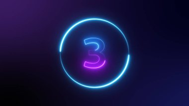 Karanlıkta parlayan 3 numara, pembe mavi neon ışık. Bir numaralı neon ışığı parlıyor. Siyah arka planda mor ve mavi Neon. Kazanan