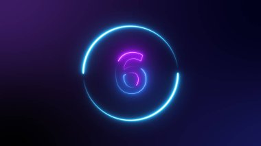 Karanlıkta parlayan 6 numara, pembe mavi neon ışık. Bir numaralı neon ışığı parlıyor. Siyah arka planda mor ve mavi Neon. Kazanan