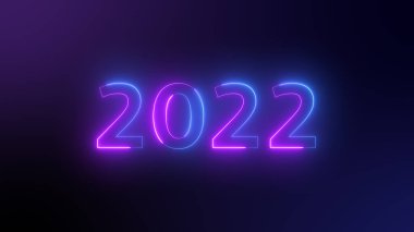 2022 numaralı neon ışığı parlıyor. 2022 mutlu Yeni Yıl koyu arkaplanı. Mor ve mavi arka planda neon rengi süslemeleri var. İllüstrasyon kış tatili tebrik kartı şablonu.