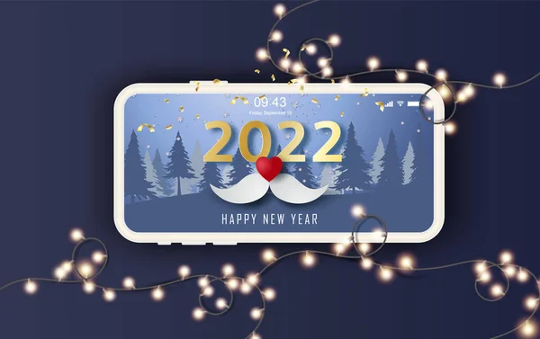 圣诞和2022年新年横幅横幅 智能手机网上购物背景与胡子红心 剪纸工艺风格 灯泡老式发光装饰背景图 — 图库矢量图片