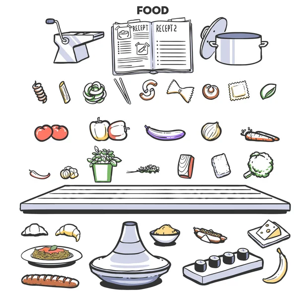 Set voedsel, keuken, cartoon stijl doodle. — Stockvector
