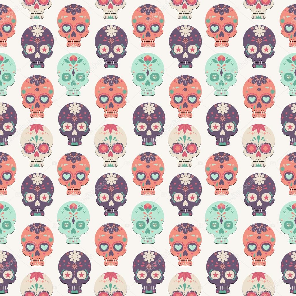 Seamless pattern with colorful skulls