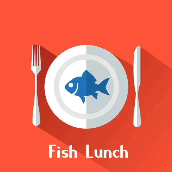 (Inggris) Fish On Plate With Fork And Knife - Stok Vektor