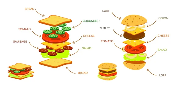 Ingredientes infográficos de hamburguesas — Vector de stock