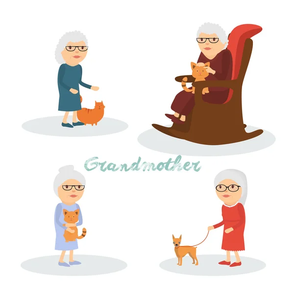 Personajes abuela con un gato, perro  . — Vector de stock