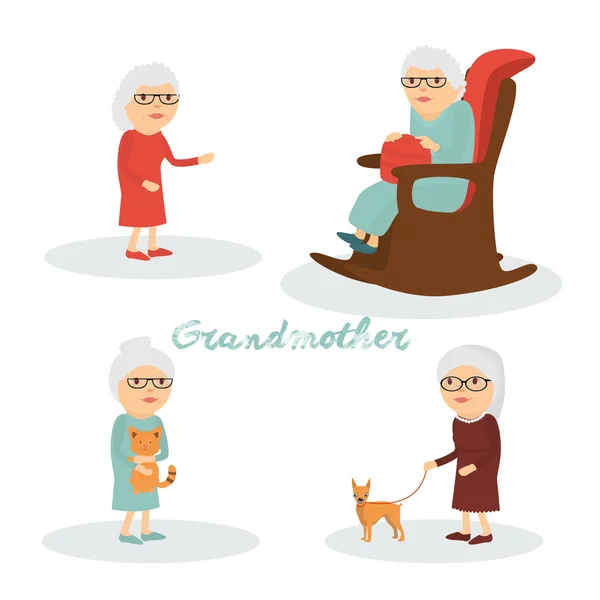 Ensemble de personnages grand-mère avec chat, chien  . — Image vectorielle