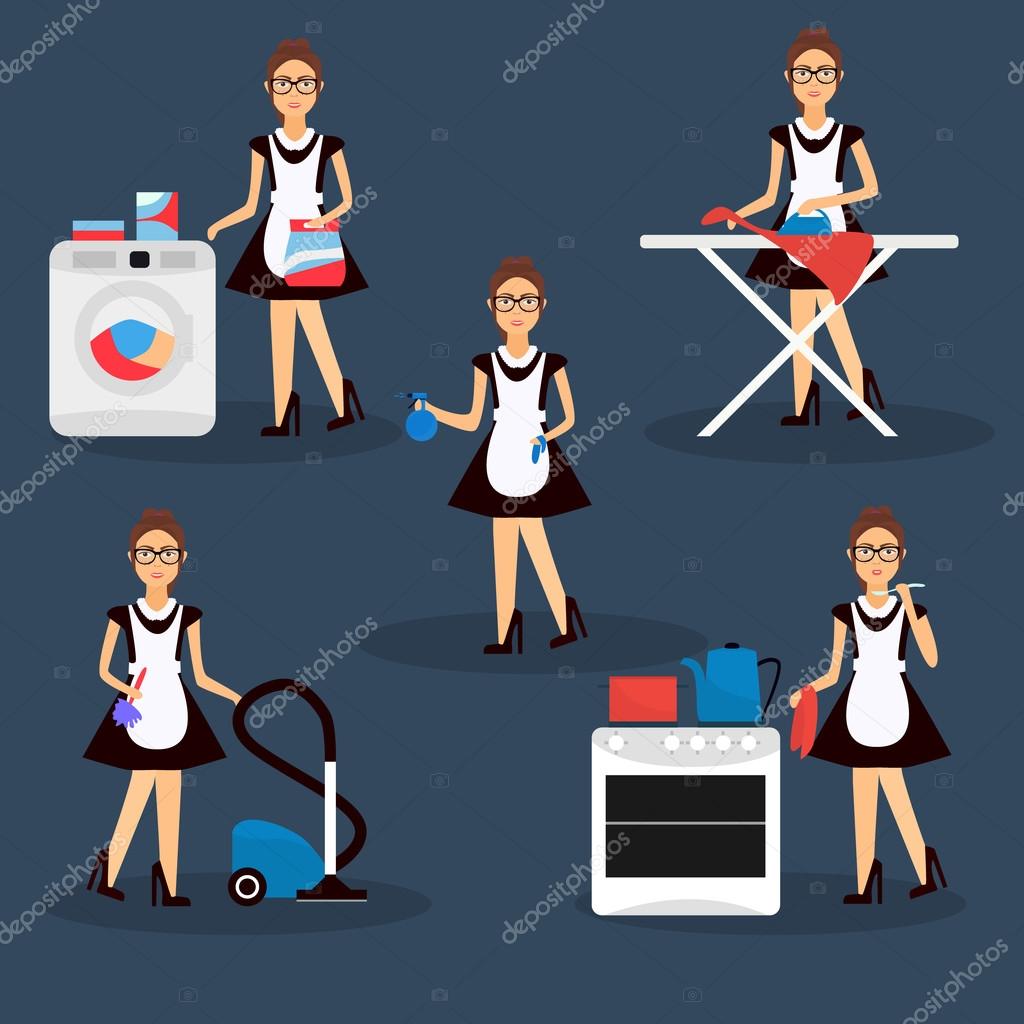 Multitasking housewife Vector illustration. Housekeeper woman ironing, cleaning, cooking and washing