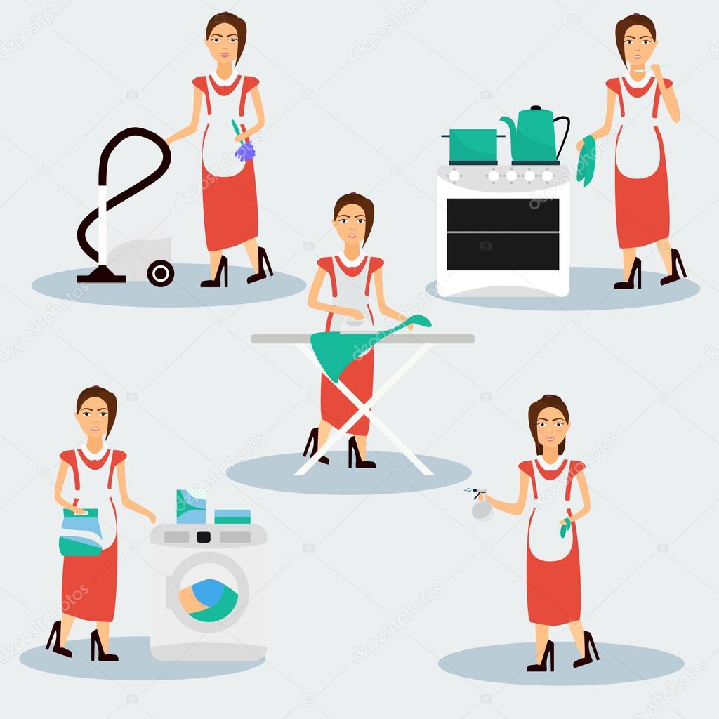 Multitasking housewife Vector illustration. Housekeeper woman ironing, cleaning, cooking and washing.