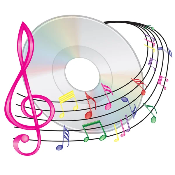 Notas musicales, clave de agudos y diseño de discos CD — Vector de stock