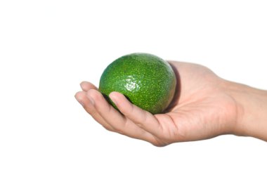 Taze avokado ışık arka plan üzerinde tutan el. Portre
