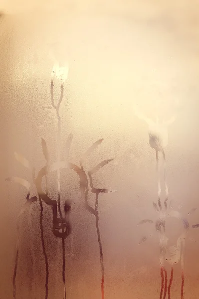 Dibujo de la inscripción icono de la lámpara en el vidrio de la ventana de niebla. Concepto de idea o ecología —  Fotos de Stock