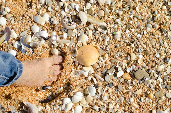 Close-up de pés de criança em uma praia de areia tropical — Fotografia de Stock