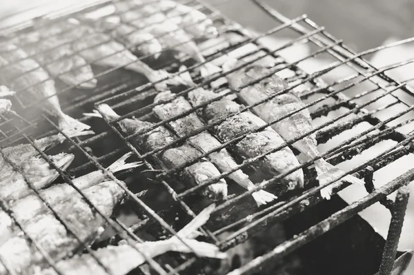 Macrou friptură pe grătar grătar, plat, vedere de sus closeup — Fotografie, imagine de stoc