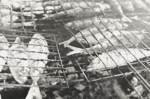 Barbekü, arka plan açık havada balık ızgara üzerinde Üstten Görünüm