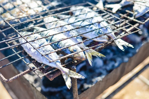 Вид сверху на жареную рыбу на барбекю, фоновый вид на улицу — стоковое фото