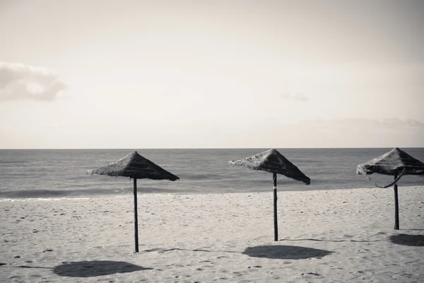 Piękny widok na piaszczystej plaży, palmy parasol i morze — Zdjęcie stockowe