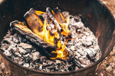 Close-up of burning wood and glowing embers used for outdoor cooking. Concept of traditional food preparation, campfire heat, and rustic Mediterranean cuisine.