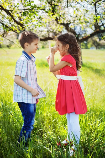 Девочка ссорится с мальчиком в саду — стоковое фото