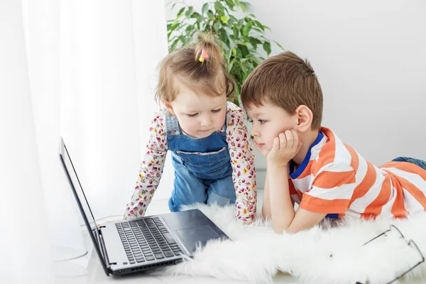 Little boy learns online. Brother and sister near the laptop. Family, childhood, internet and online study concept