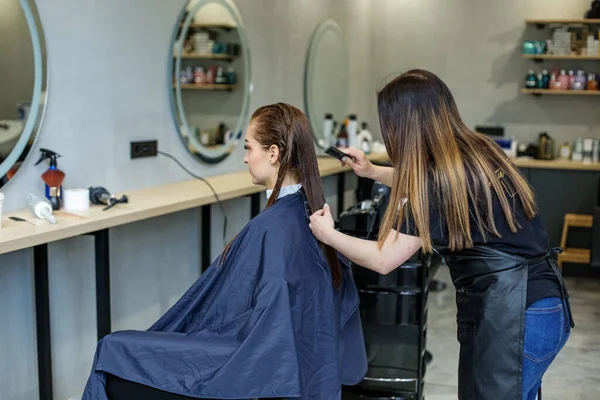 Una chica en un salón de belleza, una peluquera se peina, se corta el pelo a una chica con el pelo largo. una mujer se tiñe el pelo, —  Fotos de Stock