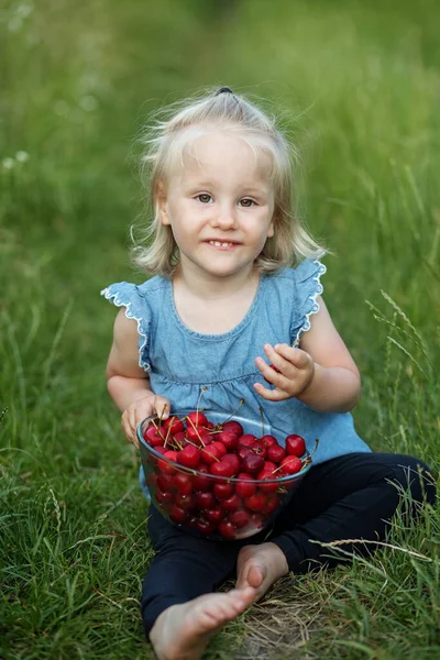 Kleines Mädchen Isst Kirschen Naturlandschaft Biologische Lebensmittel — Stockfoto